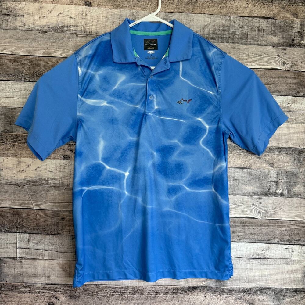 Greg Norman Mens Golf Polo Shirt Small Blue Abstract Performance Play Dry